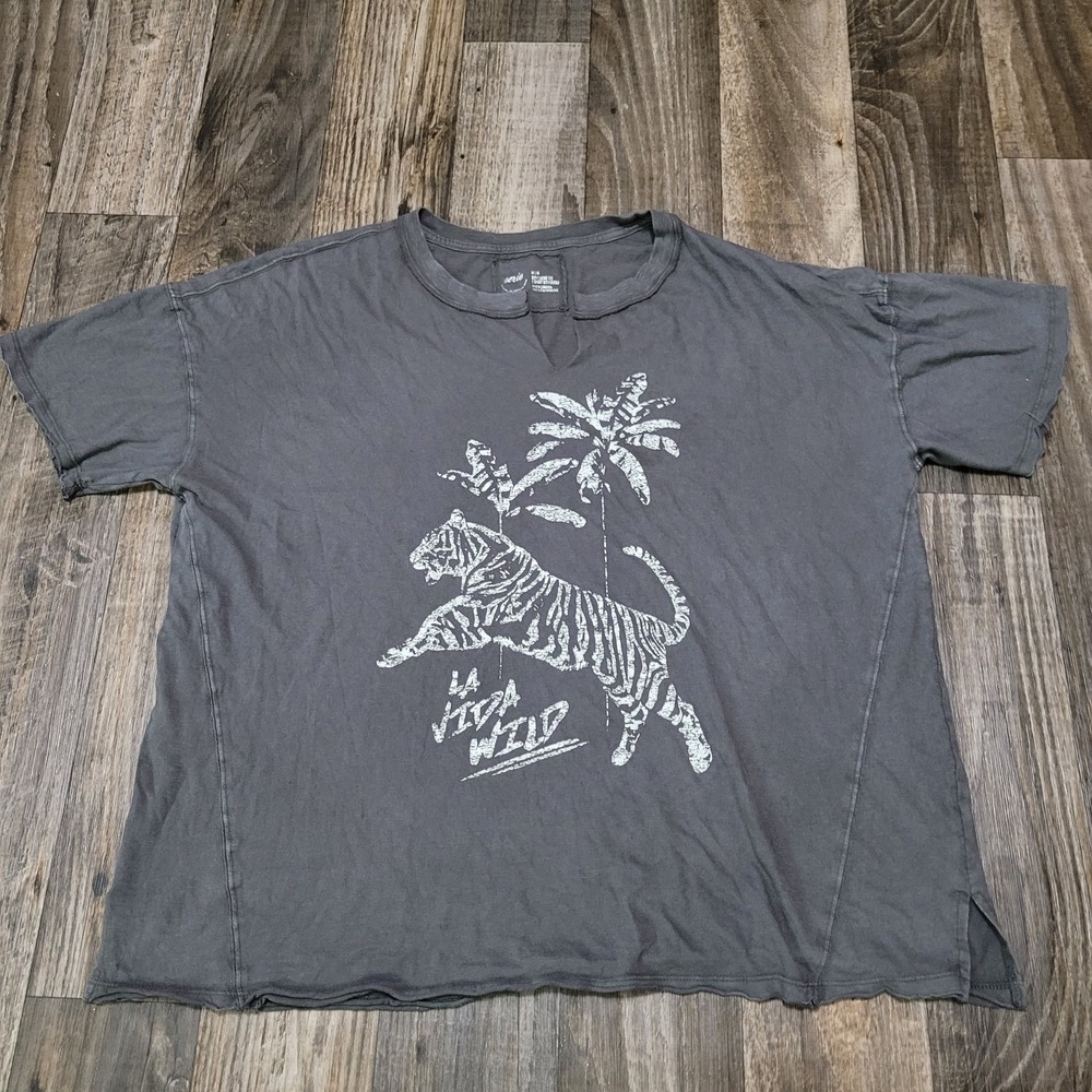 Aerie La Vida Wild Oversized Cotton Tiger Tee Women's Medium Boyfriend Fit Gray